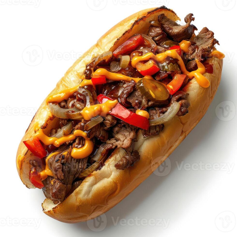 a hot dog with meat and peppers on it photo