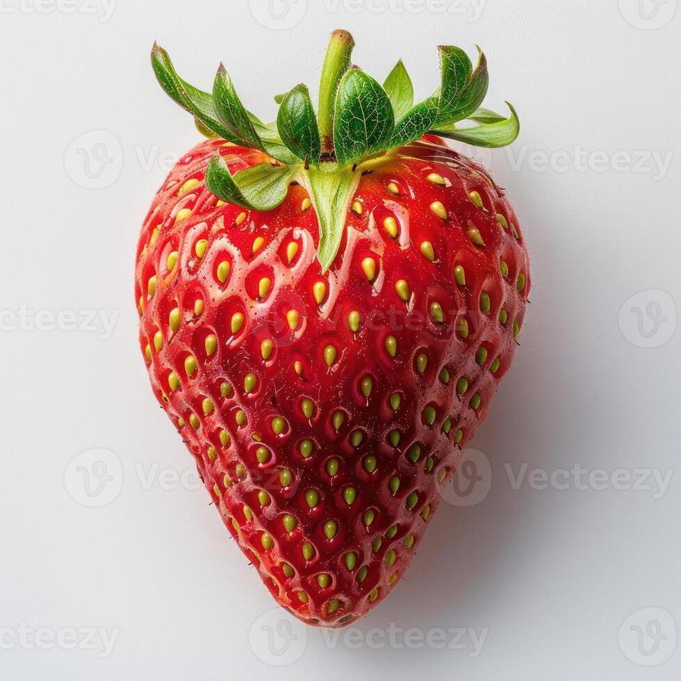 araffe strawberry with green leaves on white surface with white background photo