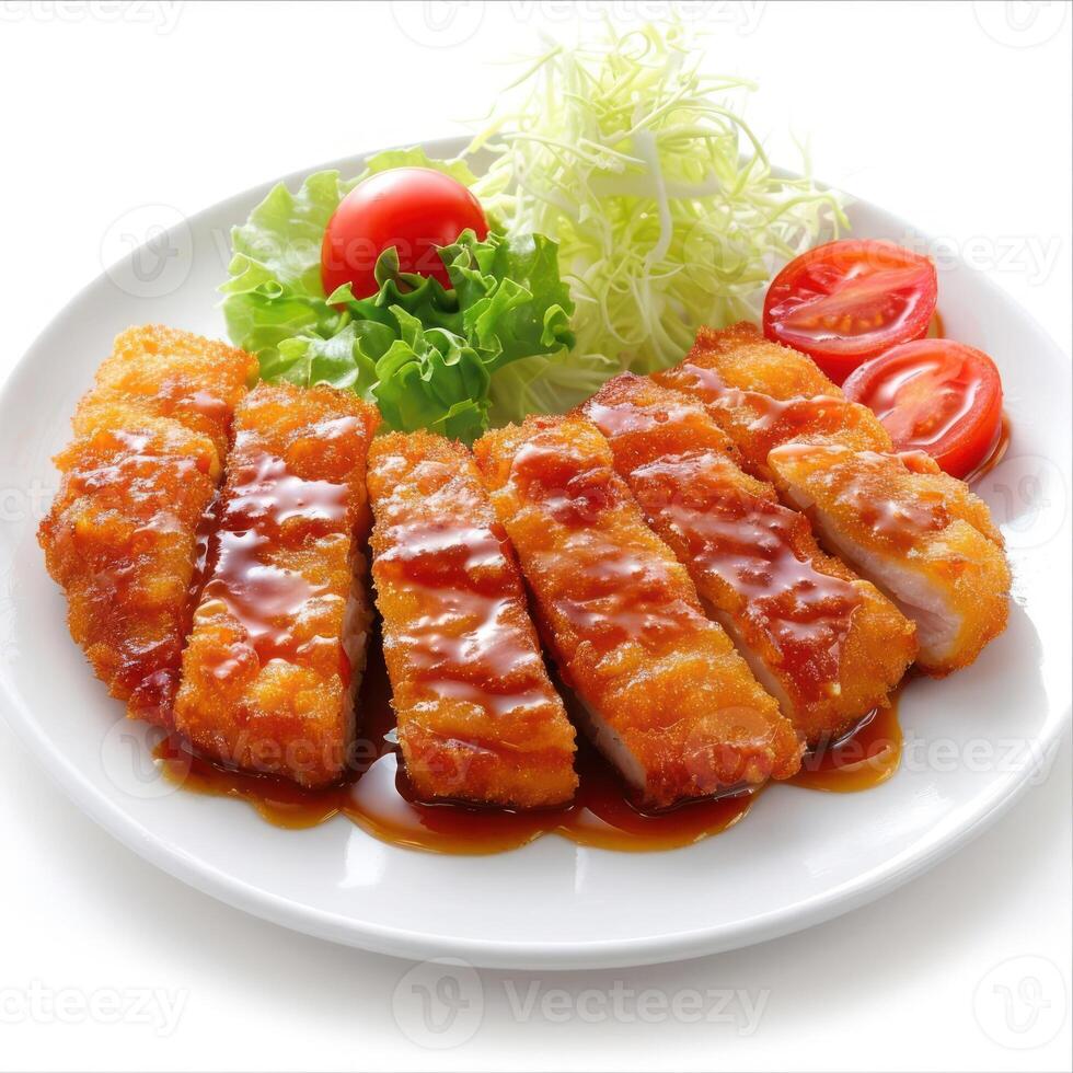 a plate of chicken with sauce and vegetables on it photo