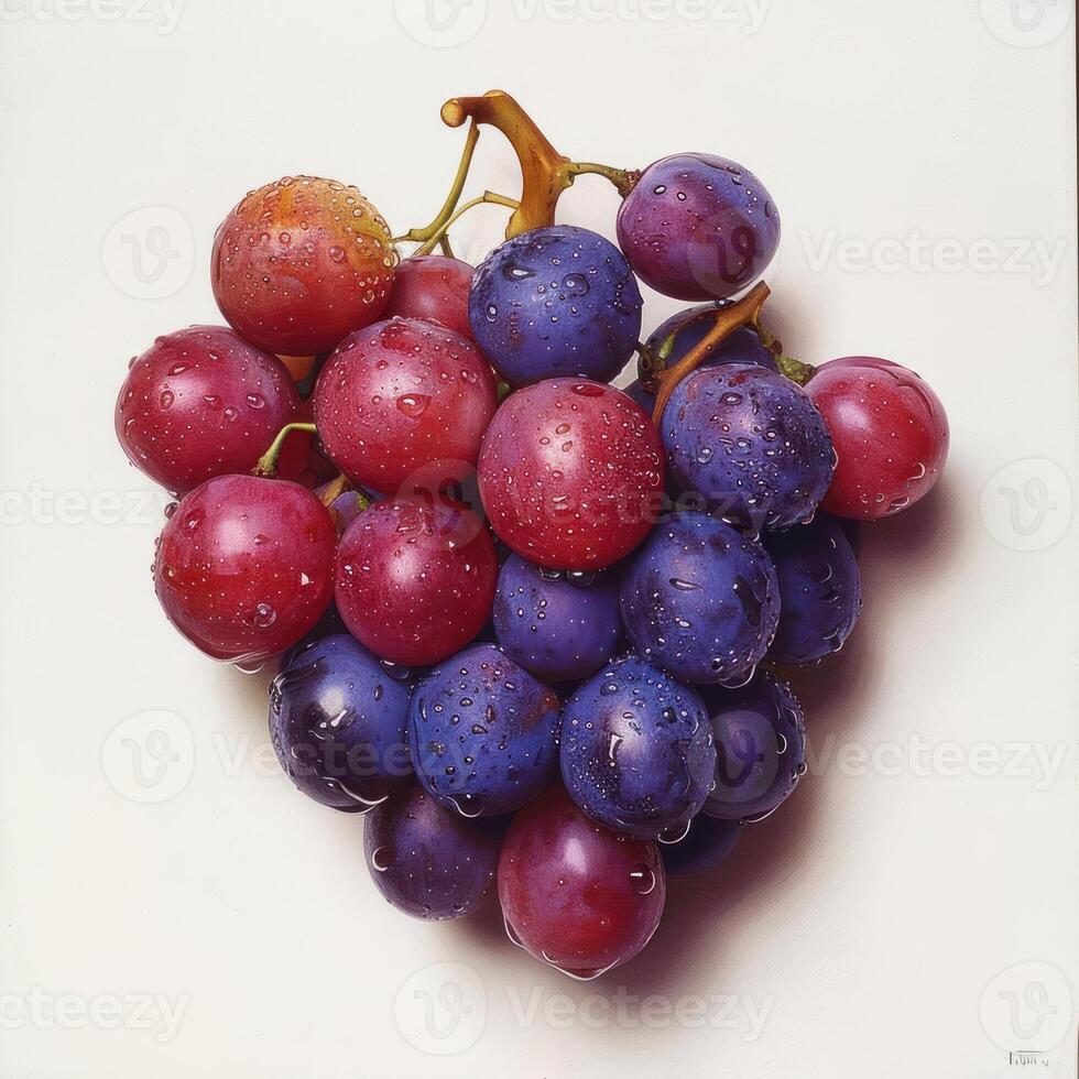 a bunch of grapes that are on a white surface photo