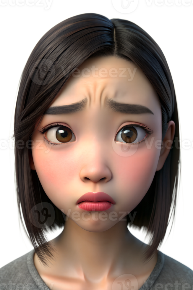 3D rendering of A teenage asian girl with a downcast expression, her lips pressed together tightly in frustration, cute, big eyes, isolated on a transparent background png