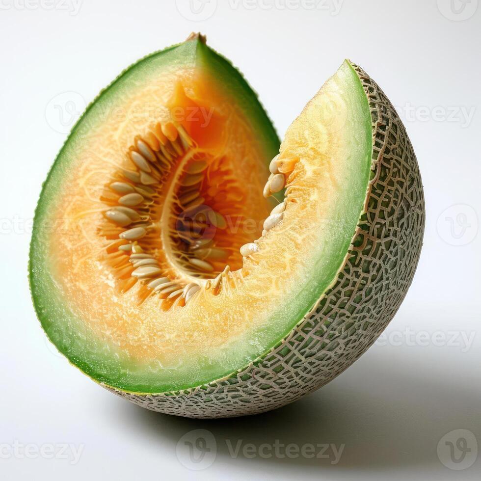 a half of a melon with a piece missing photo