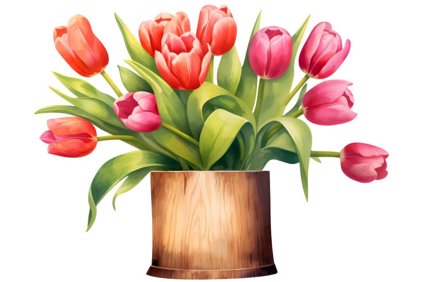 Beautiful Tulips in a Wooden Vase for a Charming Floral Display png