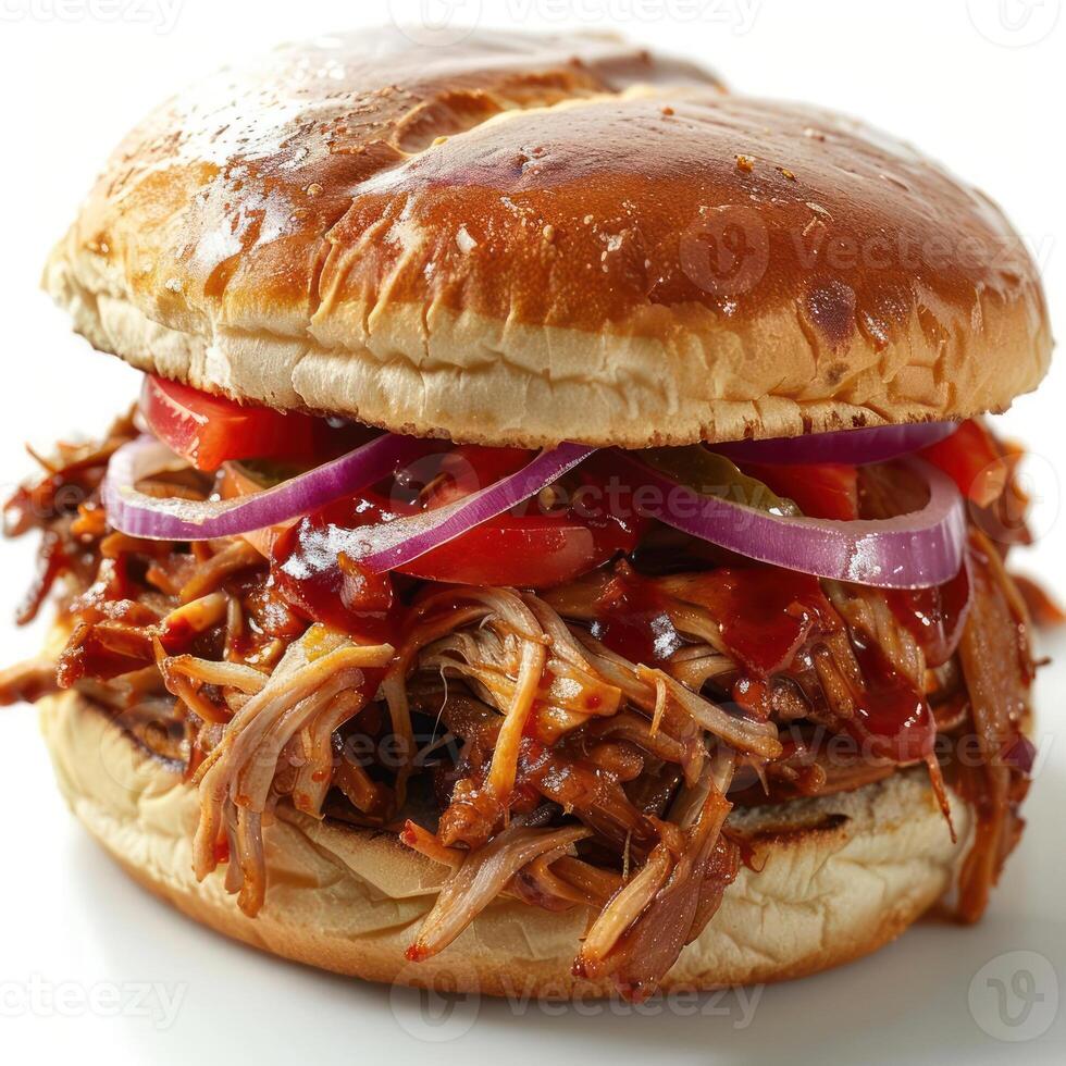 a close up of a pulled pork sandwich with onions and peppers photo