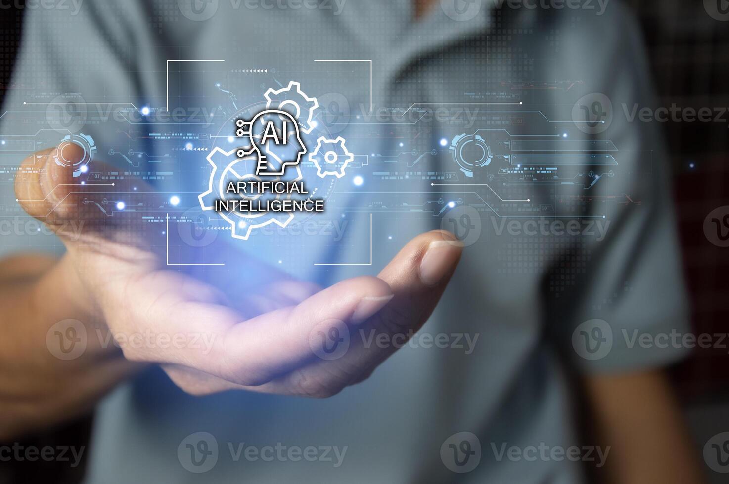 Ai tech, businessman show virtual graphic Global Internet connect Chatgpt Chat with AI, Artificial Intelligence. using command prompt for generates something, Futuristic technology transformation. photo