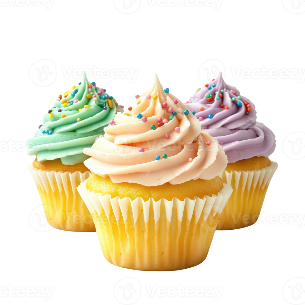 Delicious cupcakes with colorful frosting and sprinkles, perfect for any celebration or treat. isolated on transparent background. png