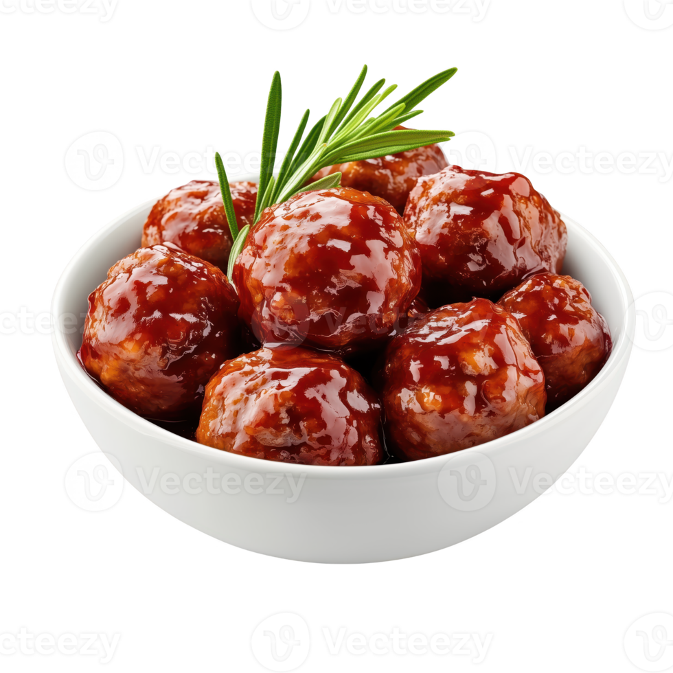 A delicious bowl of glazed meatballs garnished with fresh herbs, perfect for appetizing meals or party platters. isolated on transparent background. png