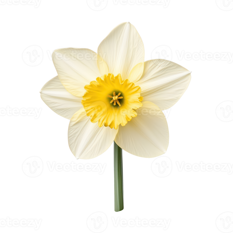 Beautiful white daffodil flower with a vibrant yellow center, isolated on transparent background. png
