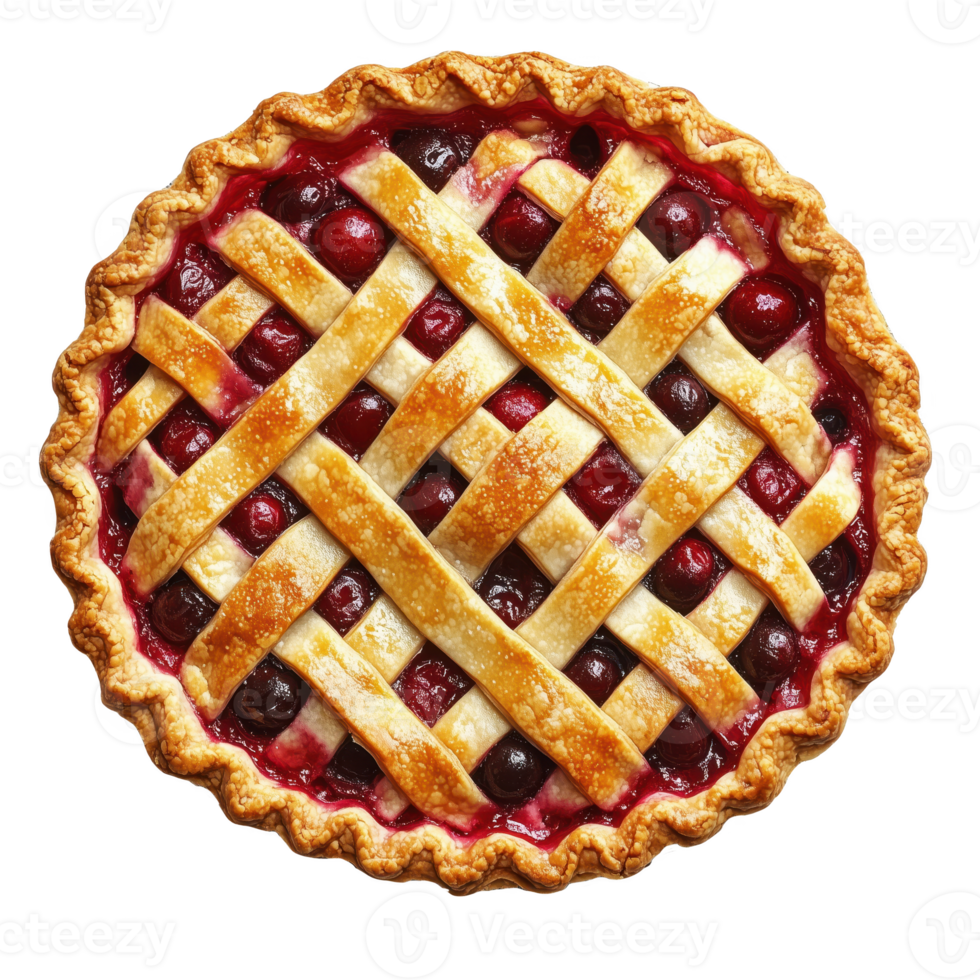 Delicious cherry pie with a golden lattice crust isolated on transparent background.. png