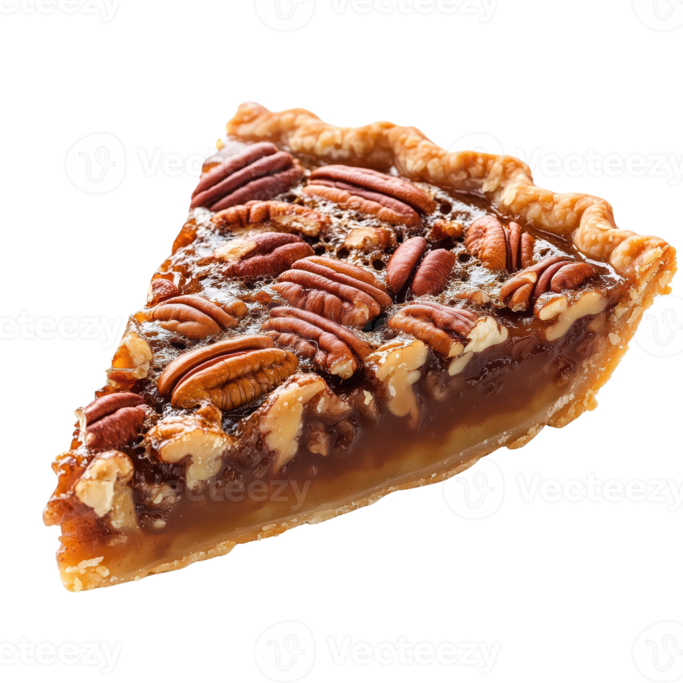 Delicious slice of pecan pie showcasing rich caramel and crunchy nuts isolated on transparent background. png
