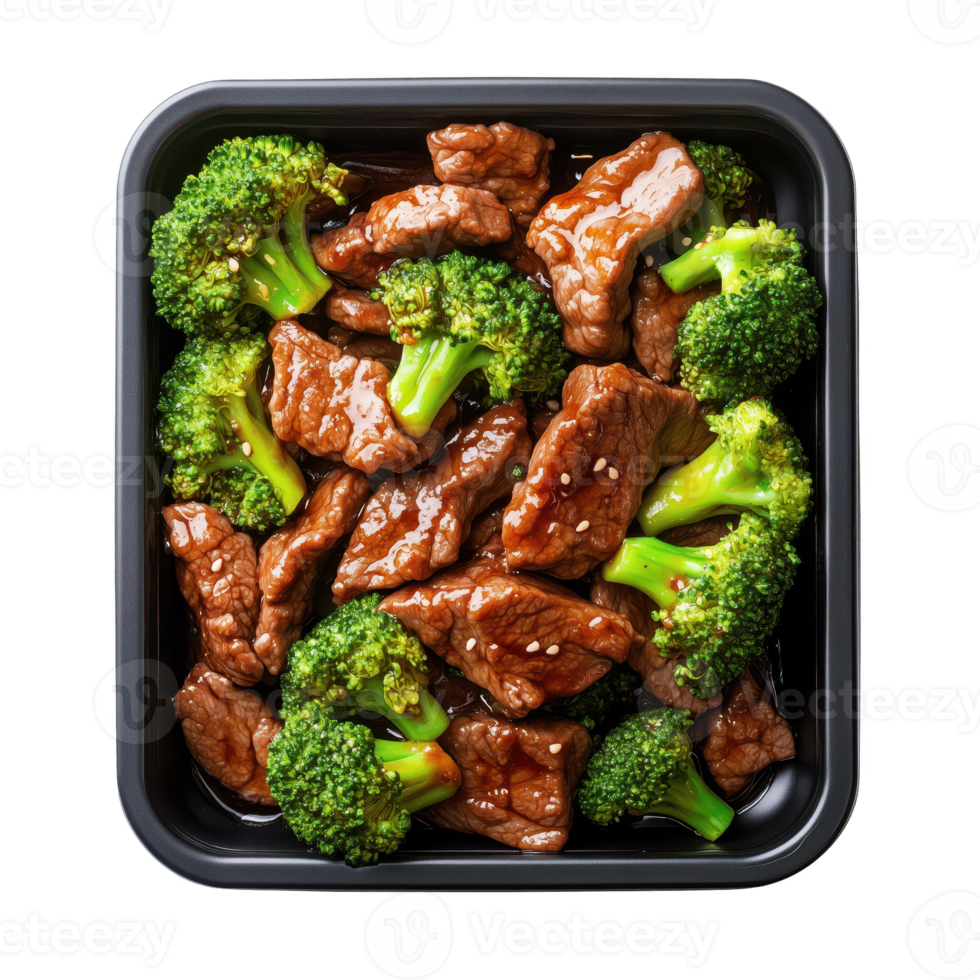 Delicious beef and broccoli in a black container, perfect for meal prep or a quick healthy dinner. png