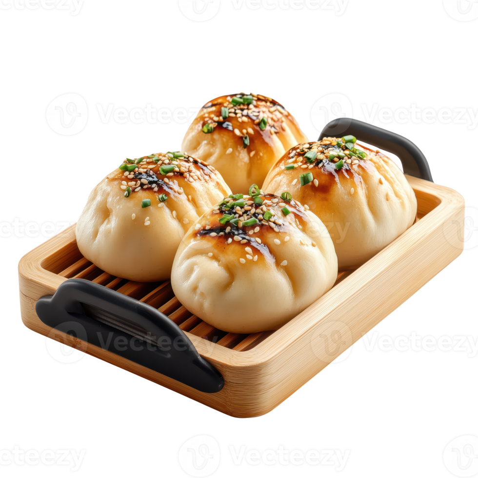 Delicious steamed buns with sesame and green onions in a bamboo steamer isolated on transparent background. png