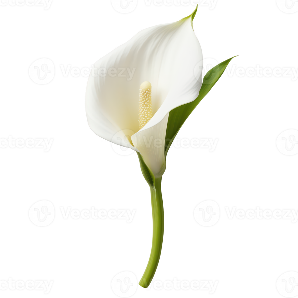 A beautifully rendered white calla lily isolated on transparent background, showcasing its elegant petals and slender stem. png