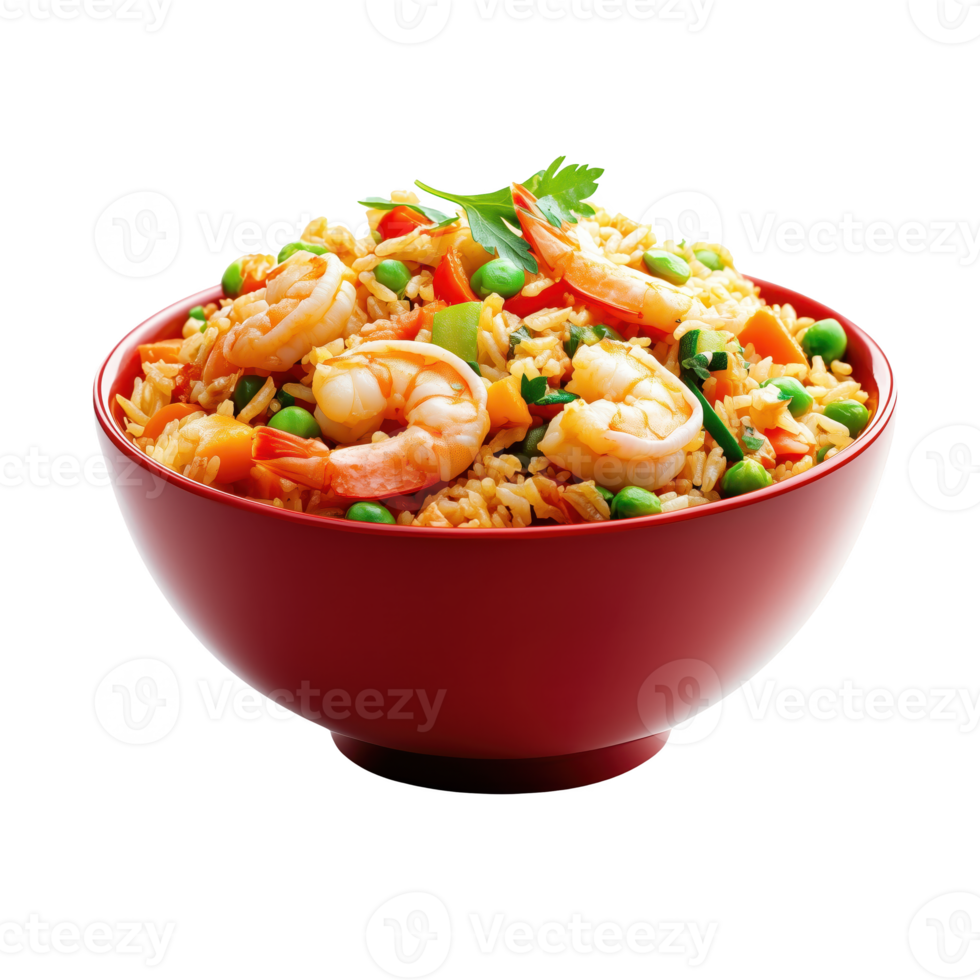 A vibrant bowl of shrimp fried rice filled with colorful vegetables and a refreshing garnish, set against a white background. png