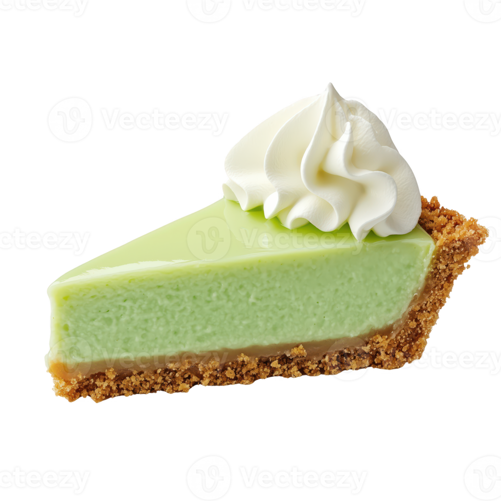Delicious slice of green dessert topped with whipped cream, featuring a crumbly crust, perfect for sweet cravings. png