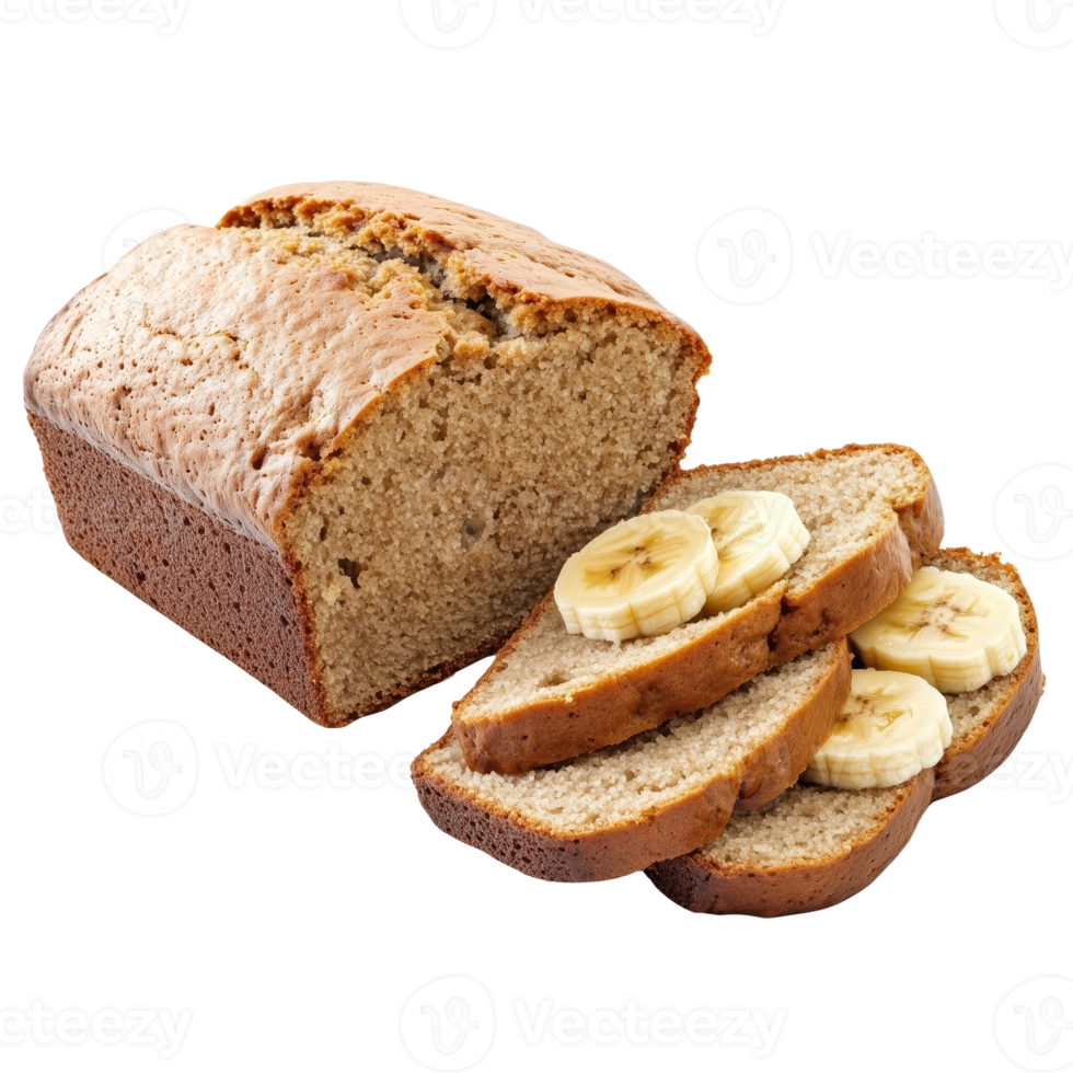 Freshly baked banana bread loaf with sliced bananas on top, isolated on white background. png