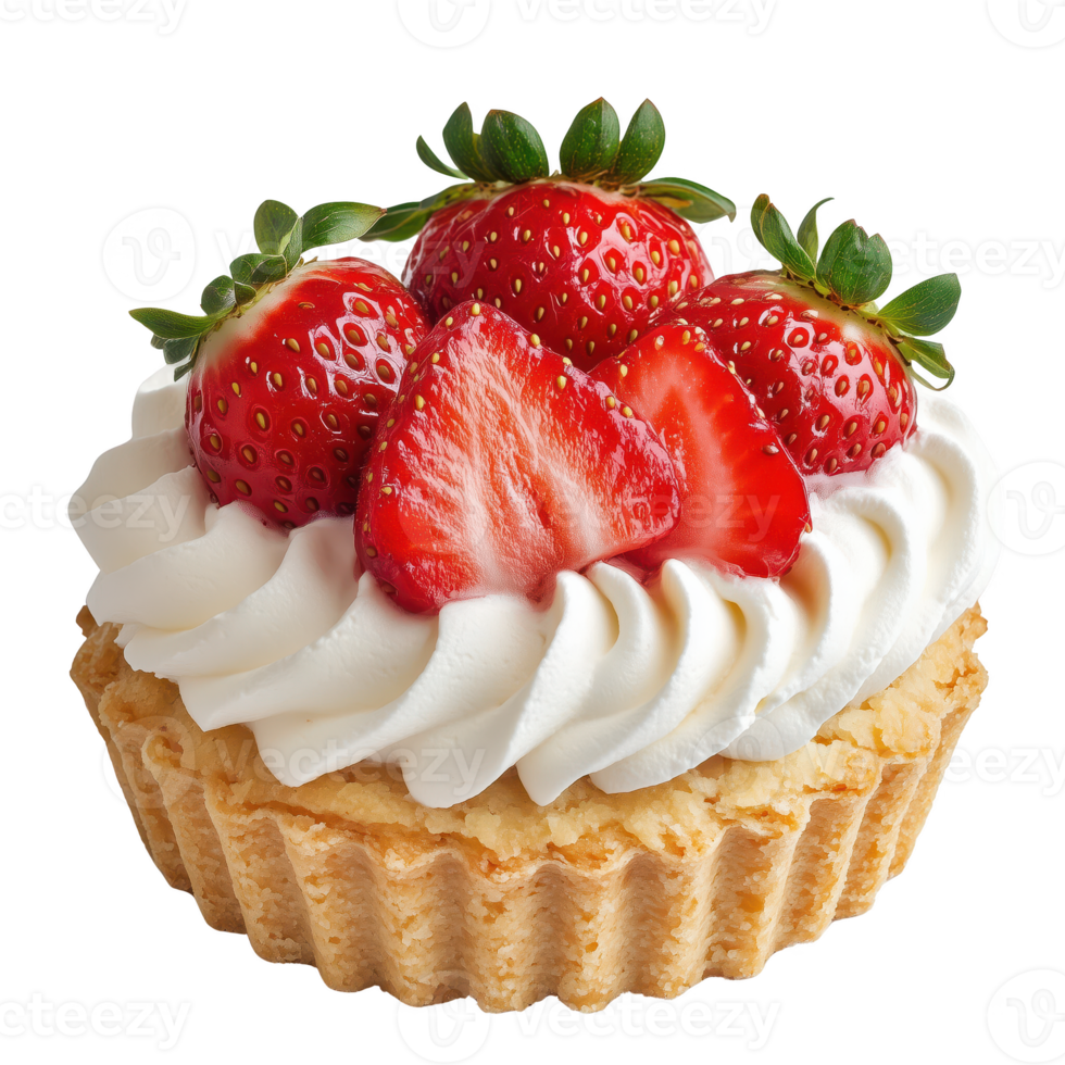 Delicious tart topped with fresh strawberries and whipped cream, perfect for desserts or celebrations. png