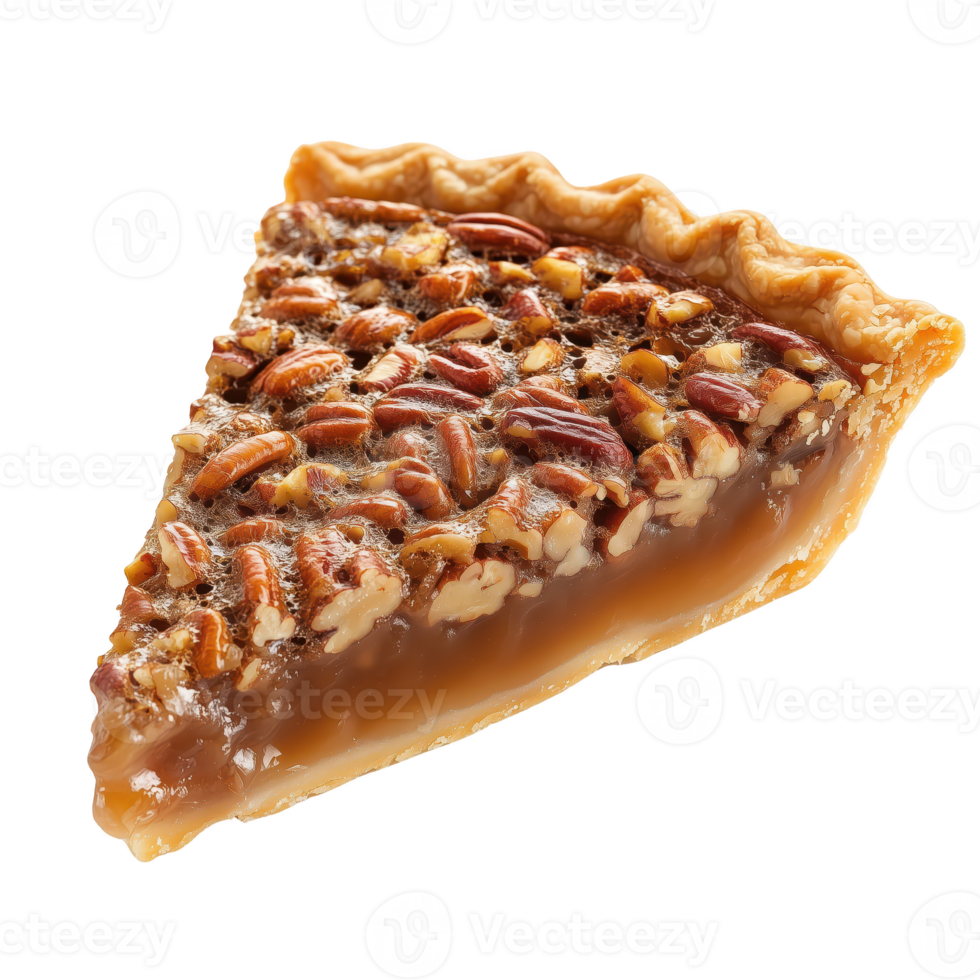 Delicious slice of pecan pie with golden crust and rich filling, perfect dessert for any occasion. png