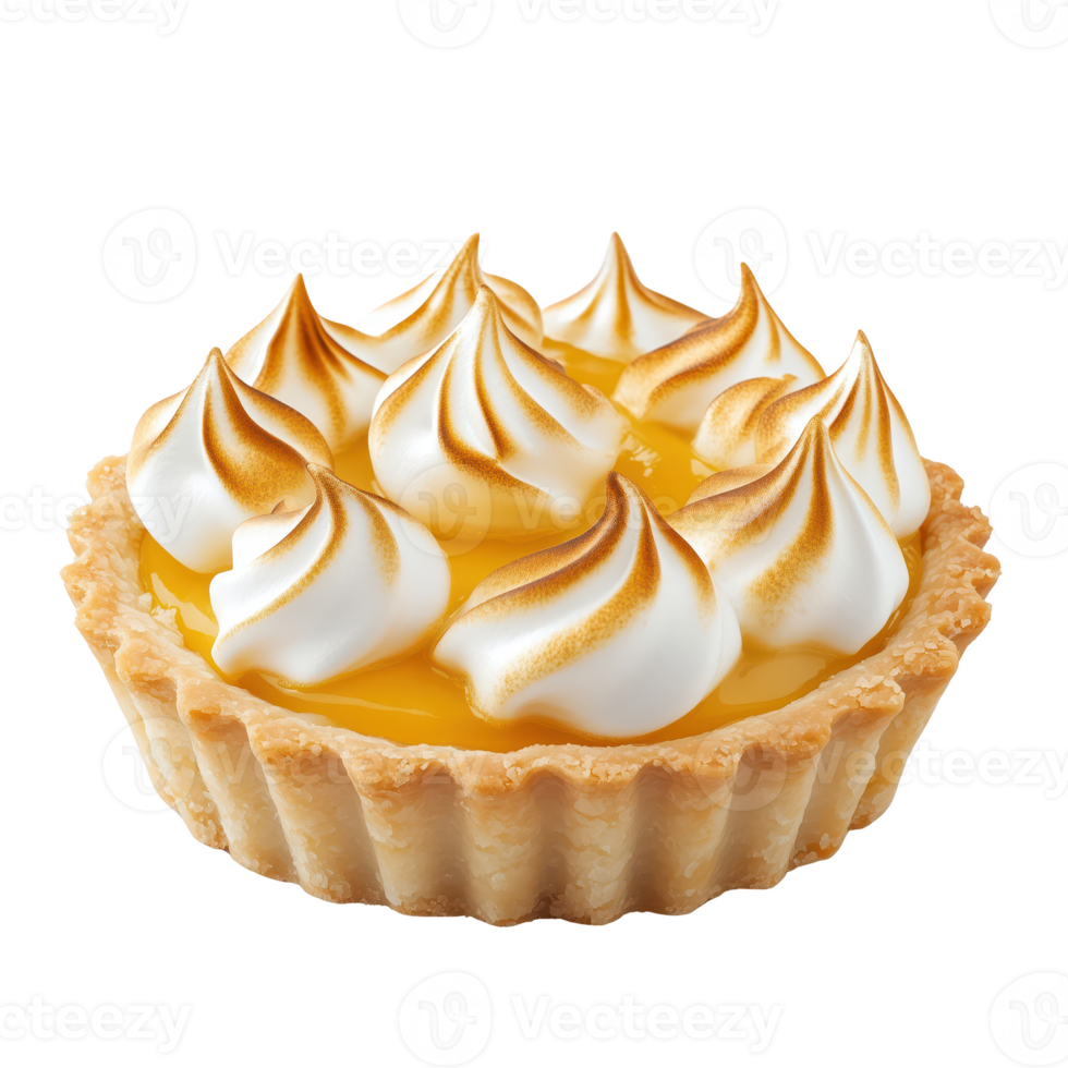 Delicious lemon meringue tart with golden swirls and crispy crust, perfect for dessert lovers. png