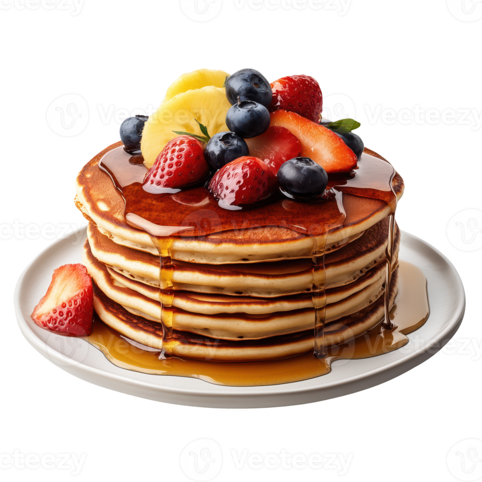 Delicious pancakes stacked high, topped with fresh berries and syrup, perfect for breakfast or brunch. png