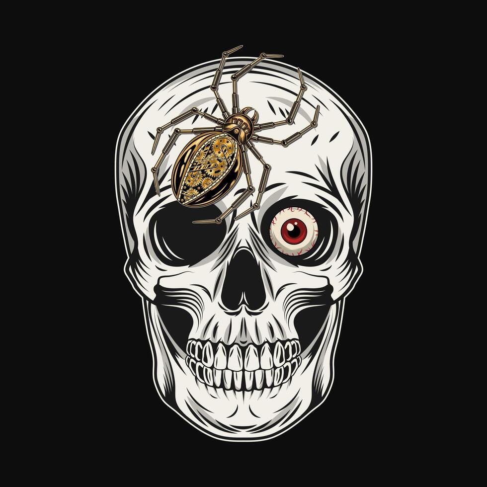 Human skull with golden mechanic spider on forehead, single red eye. Illustration in vintage style. Front view. vector
