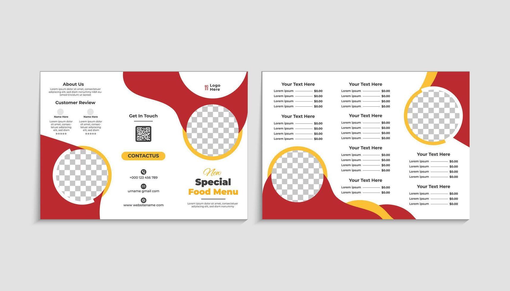 Restaurant trifold food menu and delivery brochure template for fast-food and healthy meals, A4 print-ready design vector