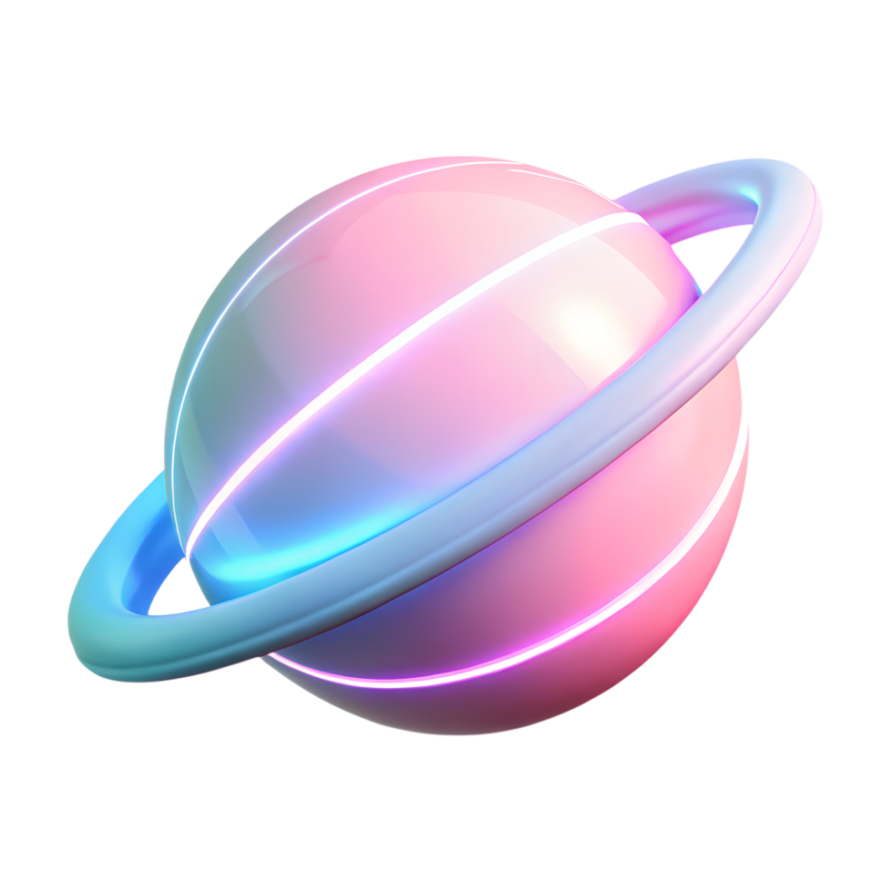 Futuristic space pink and blue planet with neon glow 3d icon isolated on the transparent background png