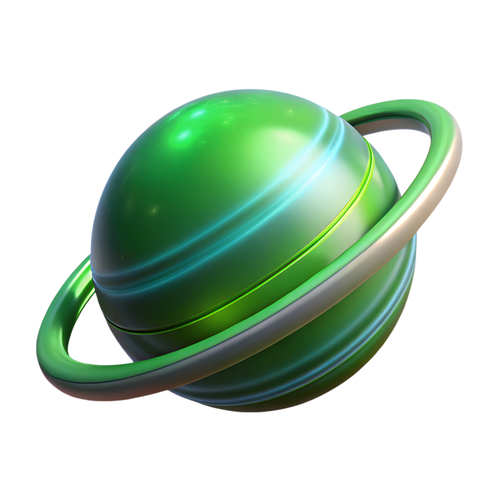 Futuristic space green planet with neon glow 3d icon isolated on the transparent background png