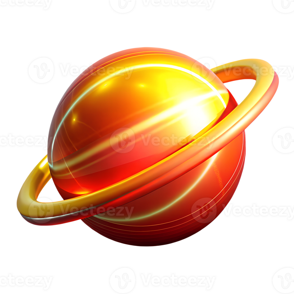 Futuristic space orange planet with neon glow 3d icon isolated on the transparent background png