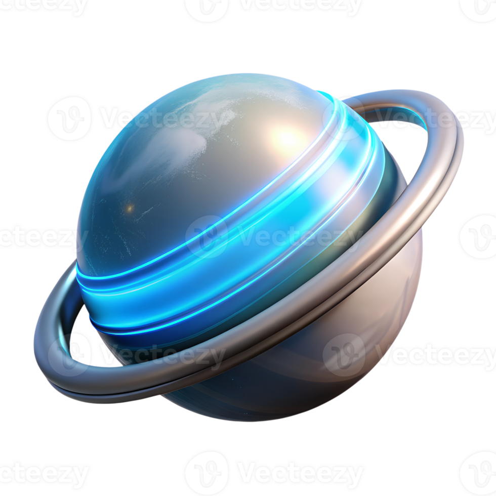 Futuristic space gray and blue planet with neon glow 3d icon isolated on the transparent background png