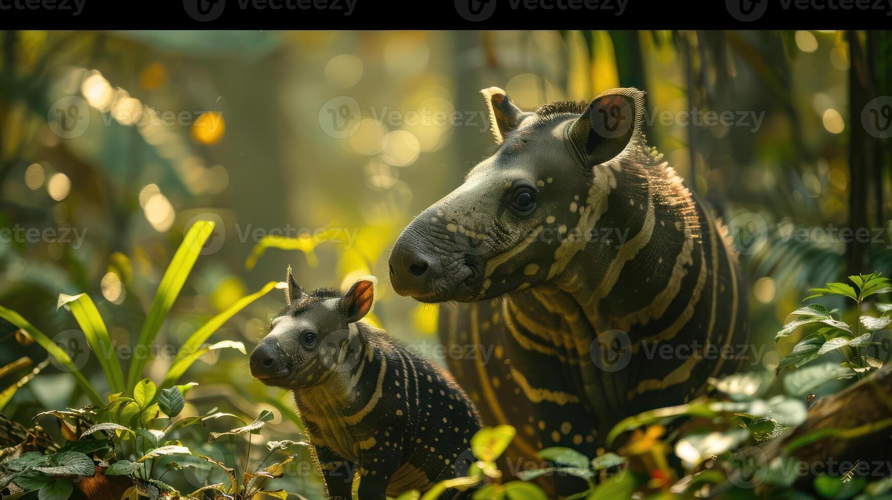 a couple of zebra standing next to each other in a forest photo