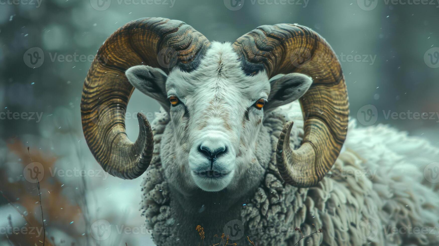 a ram with large horns standing in the snow photo