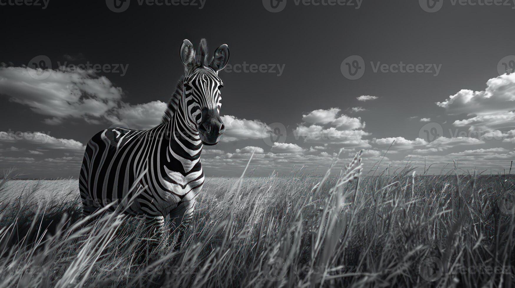a black and white photo of a zebra in a field