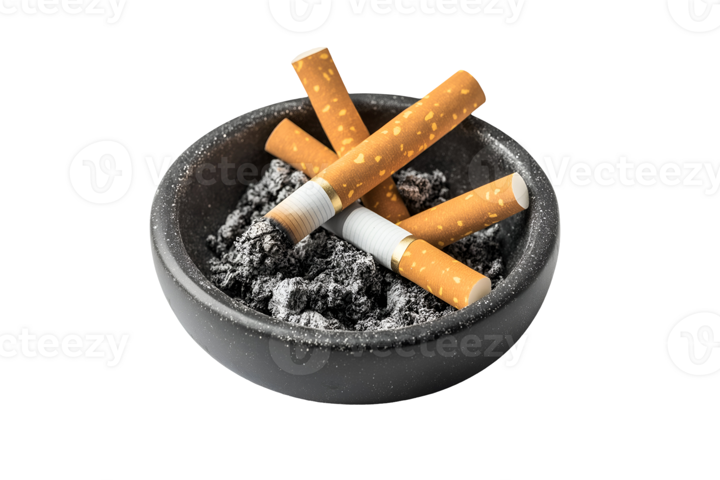 used cigarettes in an ashtray with scattered ashes highlighting smoking addiction and health risks on isolated background perfect for anti-smoking campaigns and health awareness visuals png