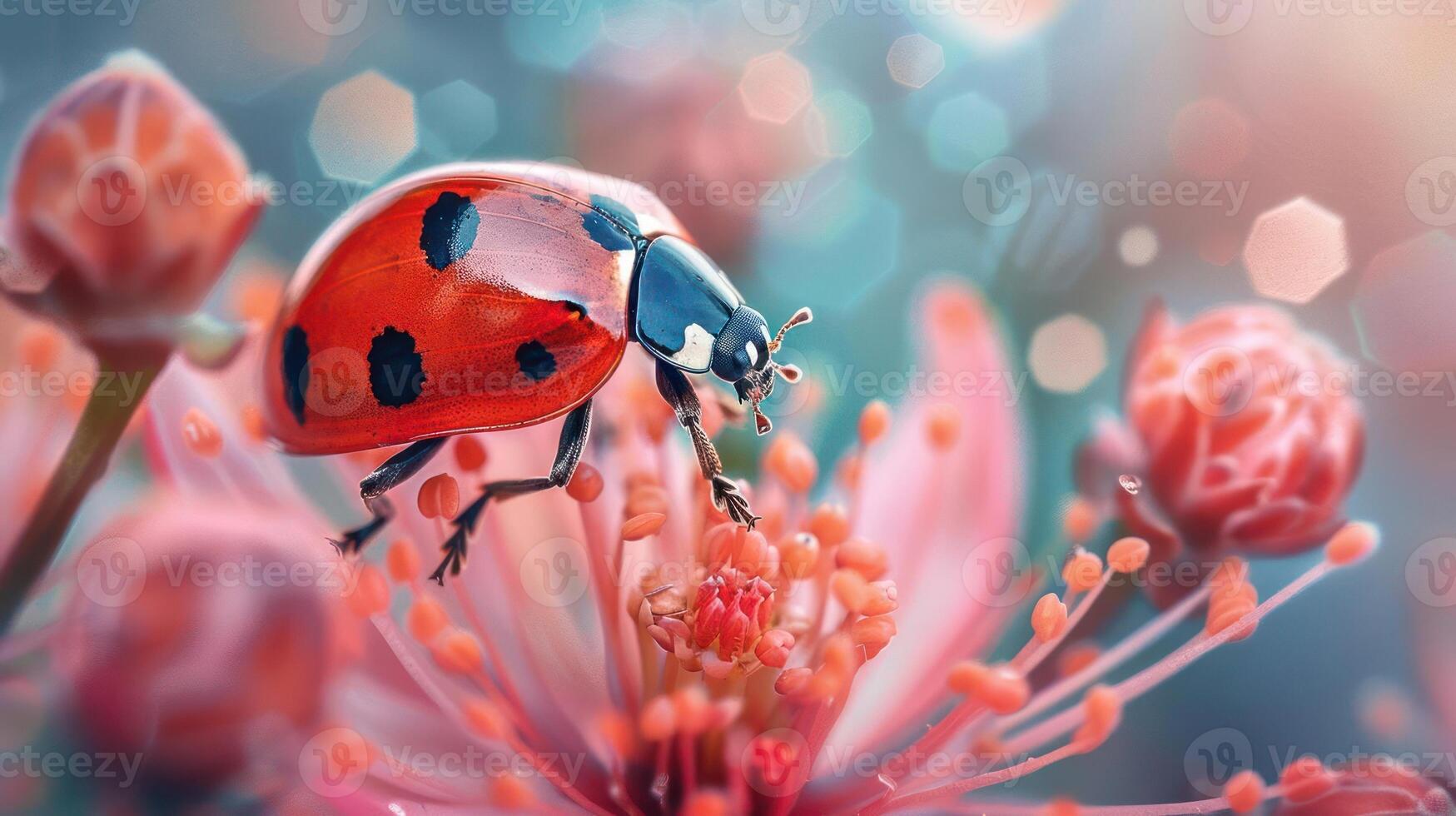 a lady bug sitting on top of a pink flower photo