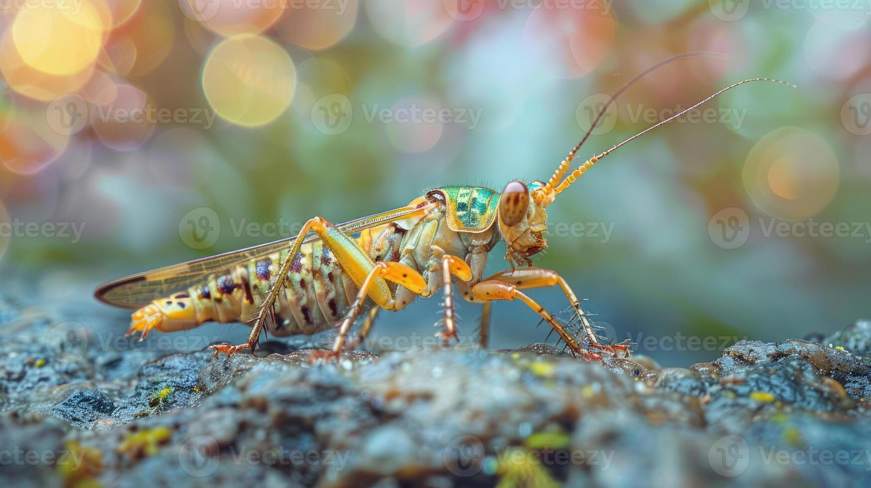 a close up of a grasshopper insect on a rock photo