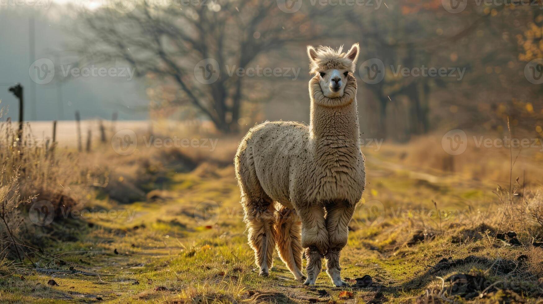 an alpaca standing in a field with trees in the background photo