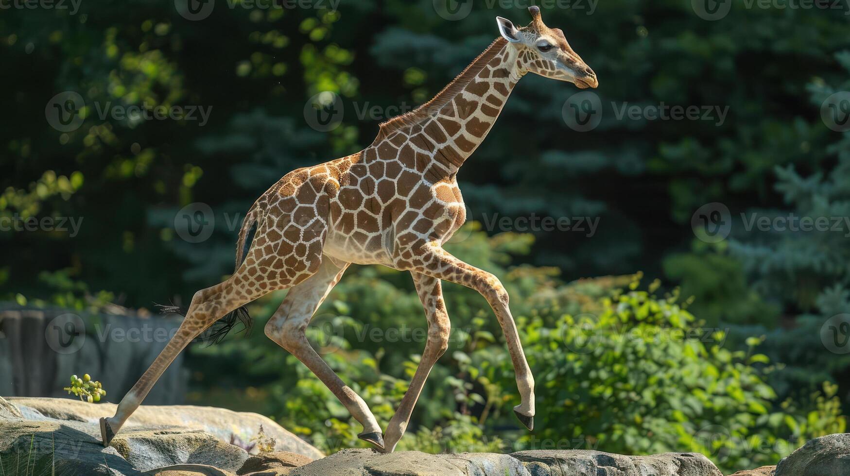 a giraffe is running on some rocks photo