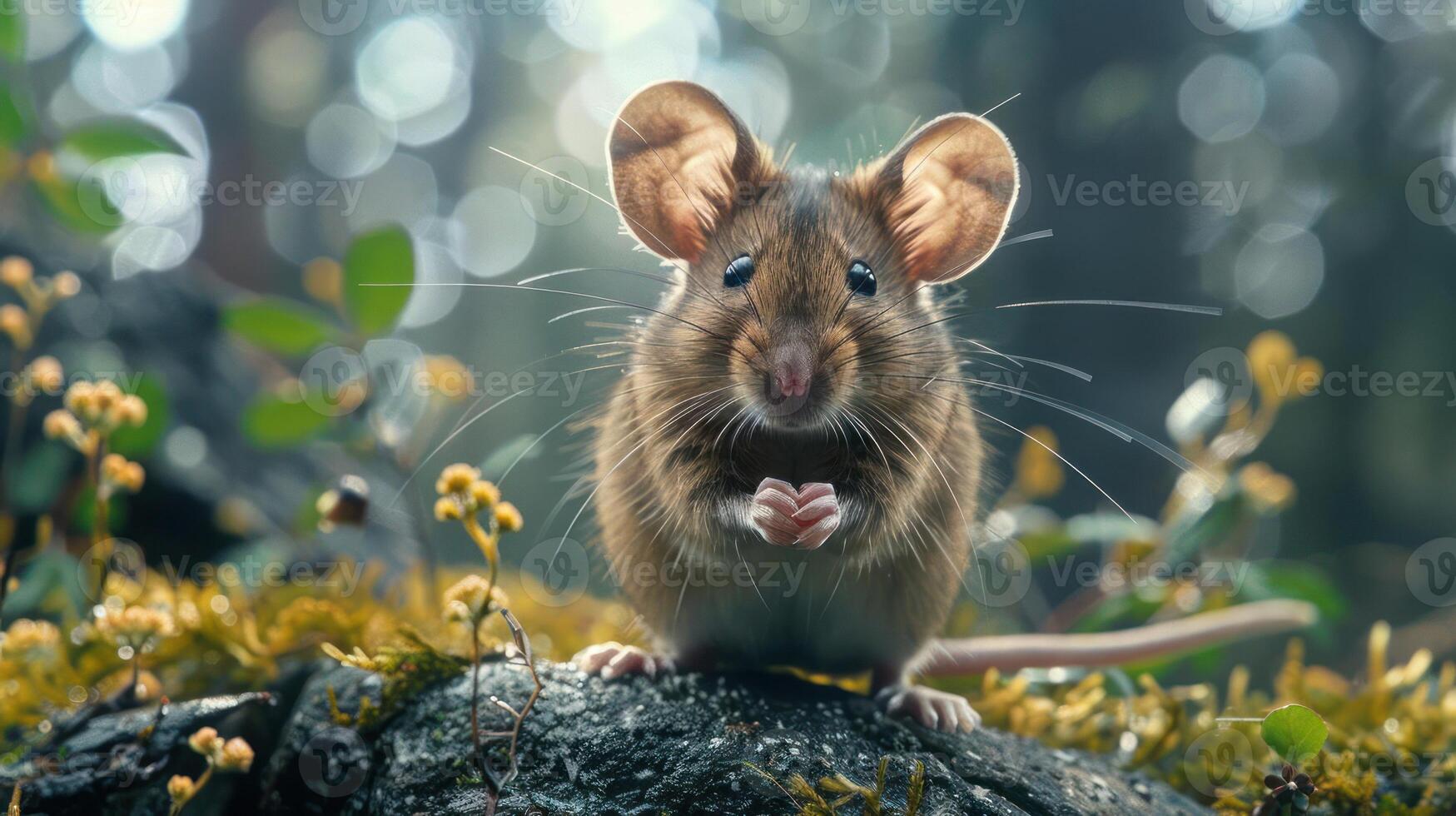 a mouse sitting on top of a rock in a forest photo