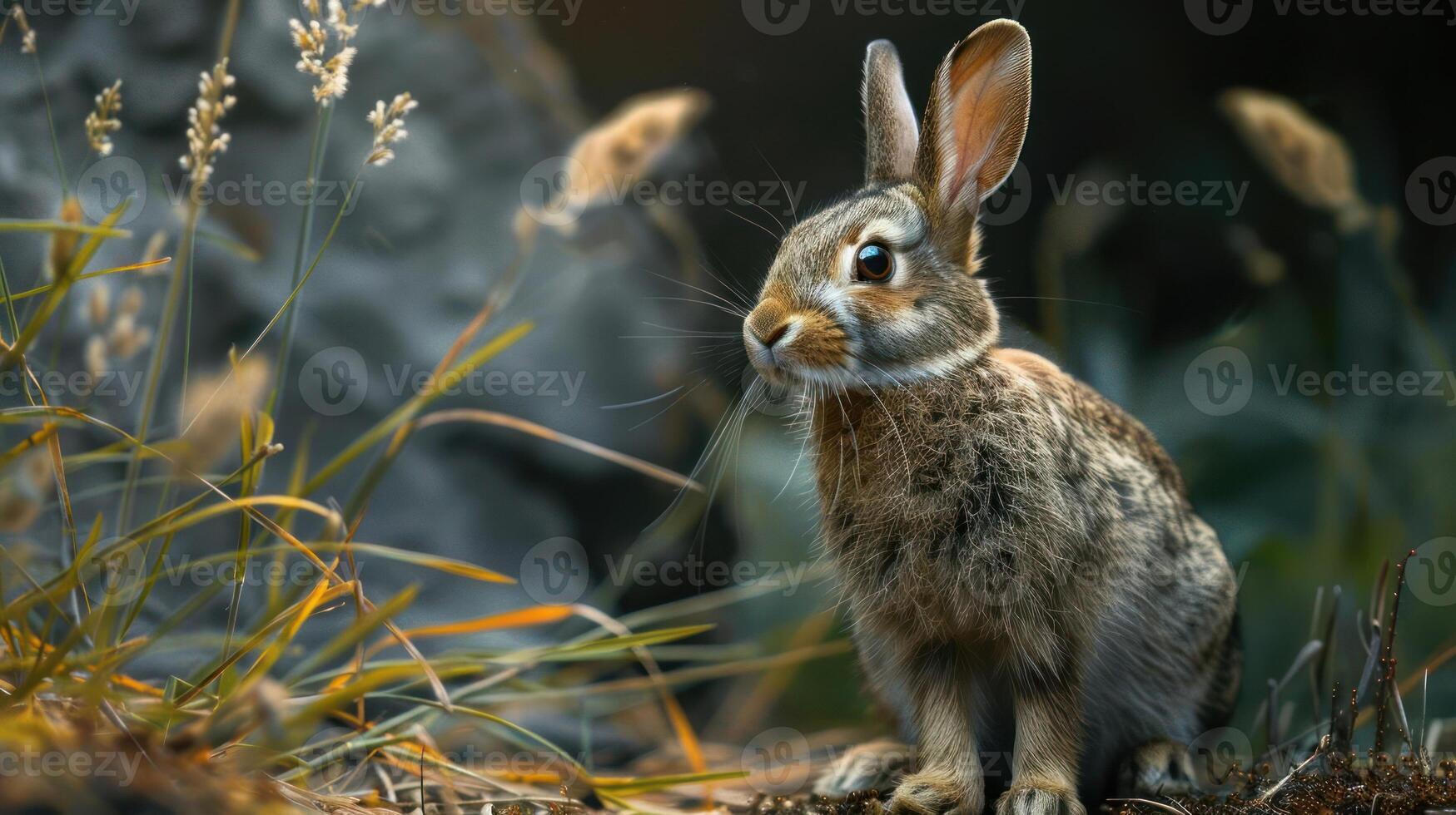 a rabbit is sitting in a field of grass photo