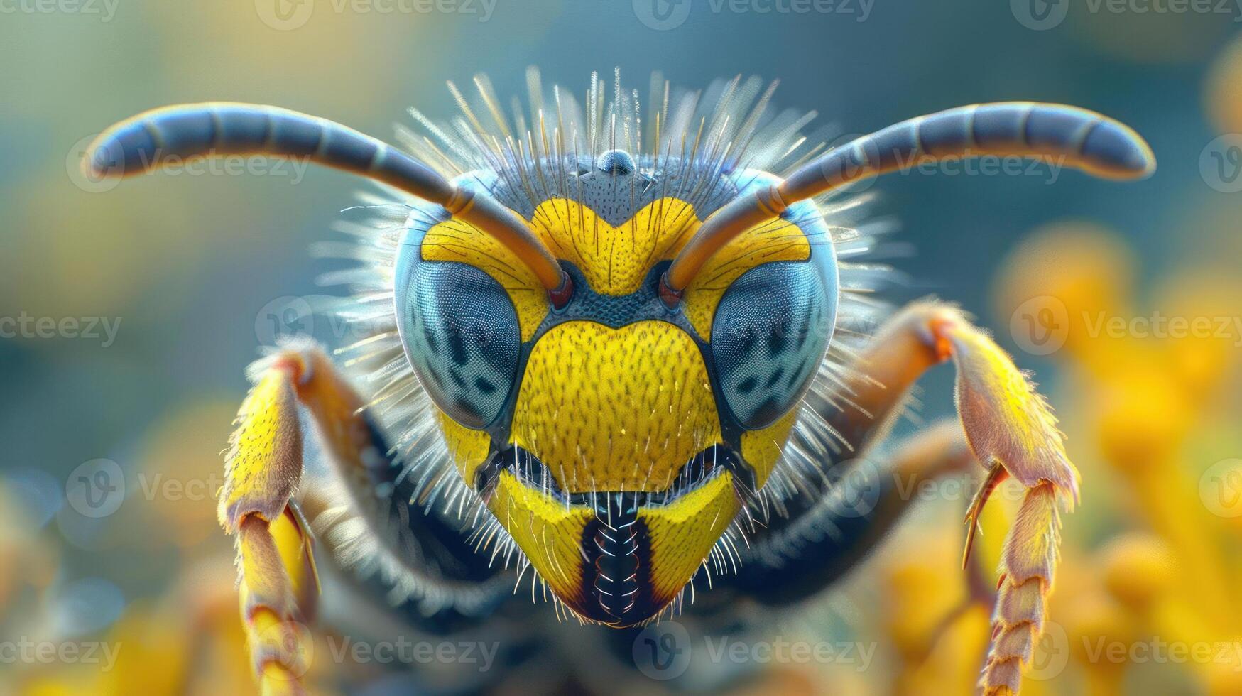 a close up of a bug with a yellow and blue face photo