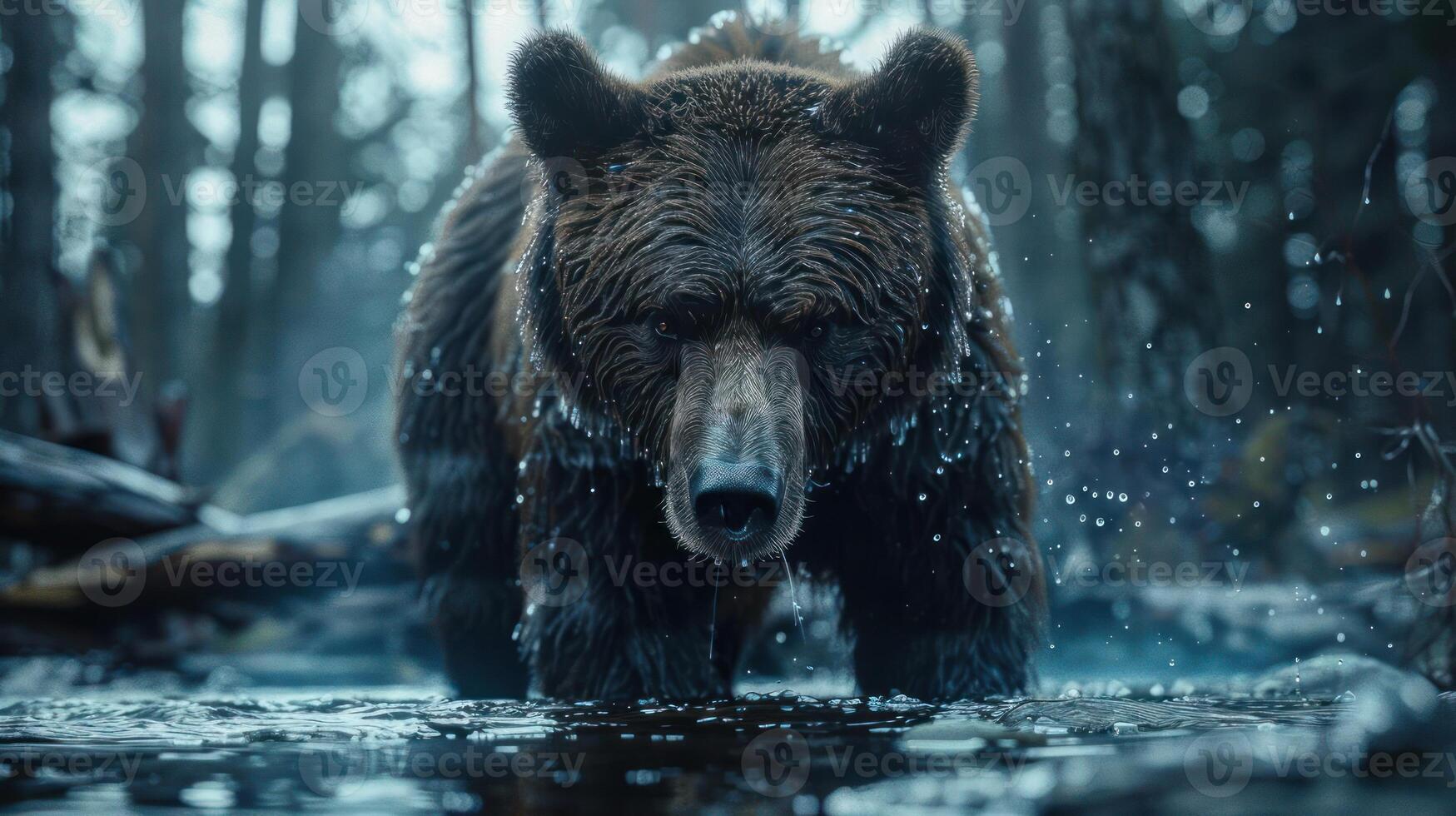 a large brown bear walking through a forest photo