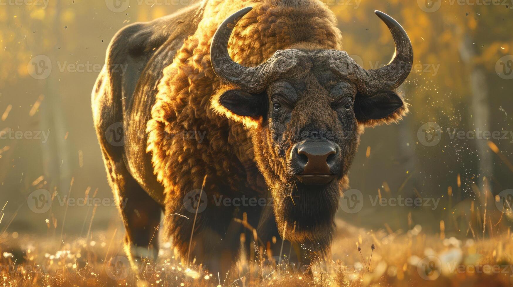 a large buffalo standing in a field of tall grass photo