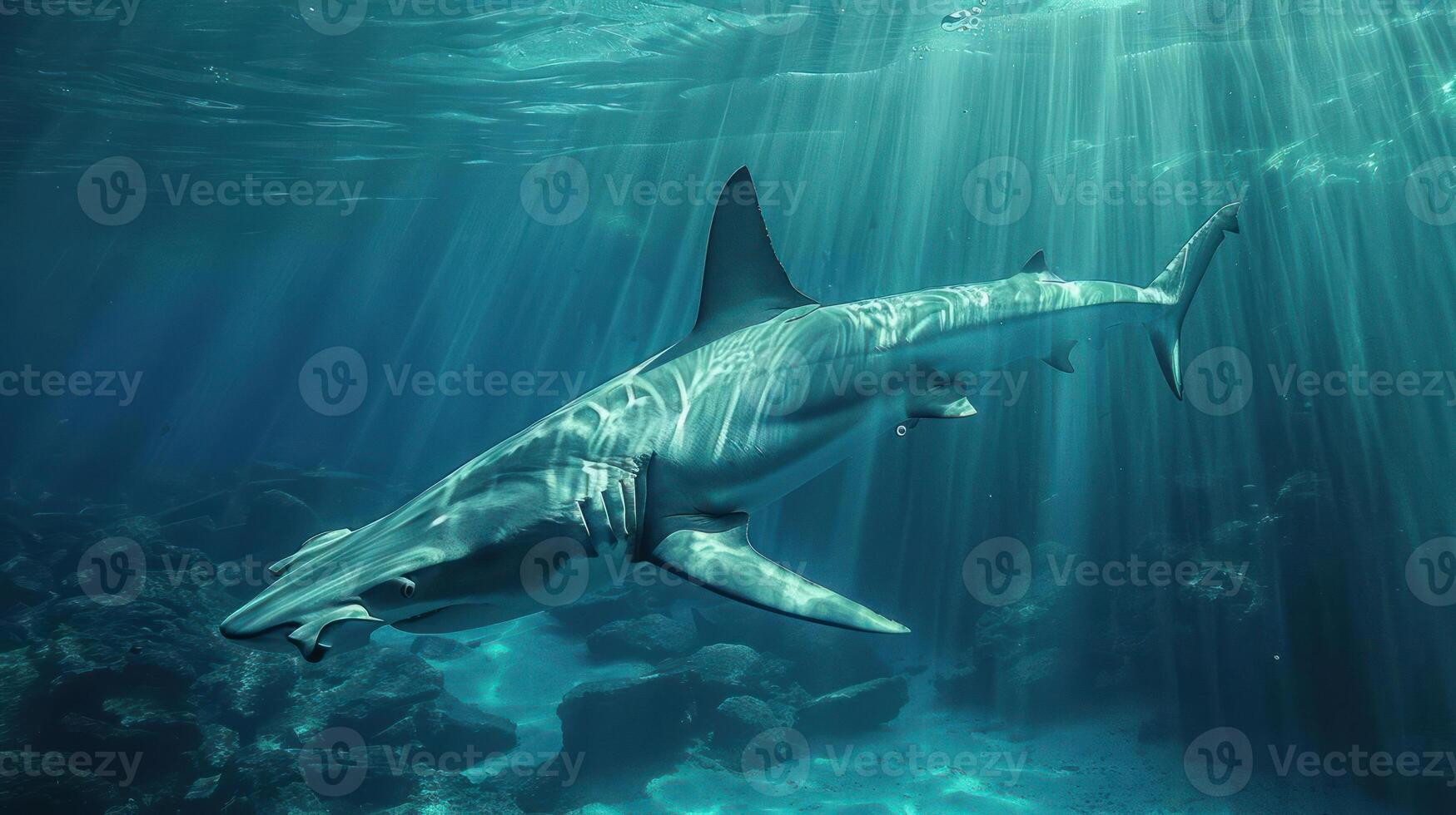 a great white shark swimming in the ocean photo