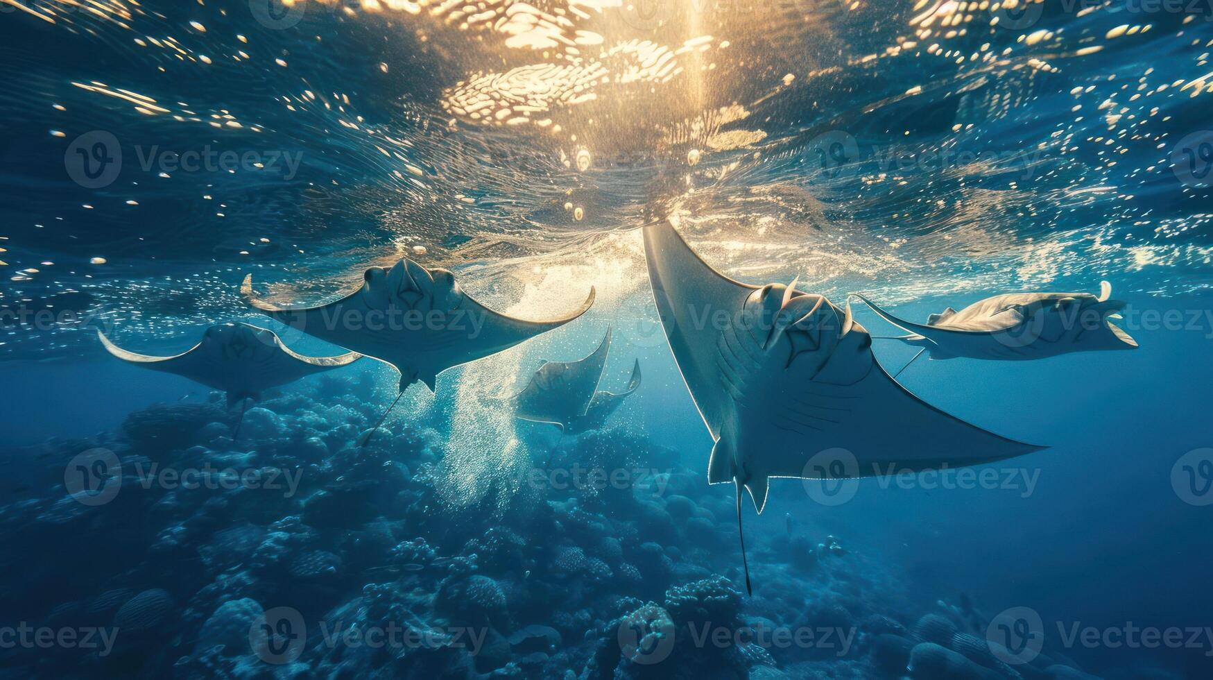 two manta rays swimming over a coral reef photo