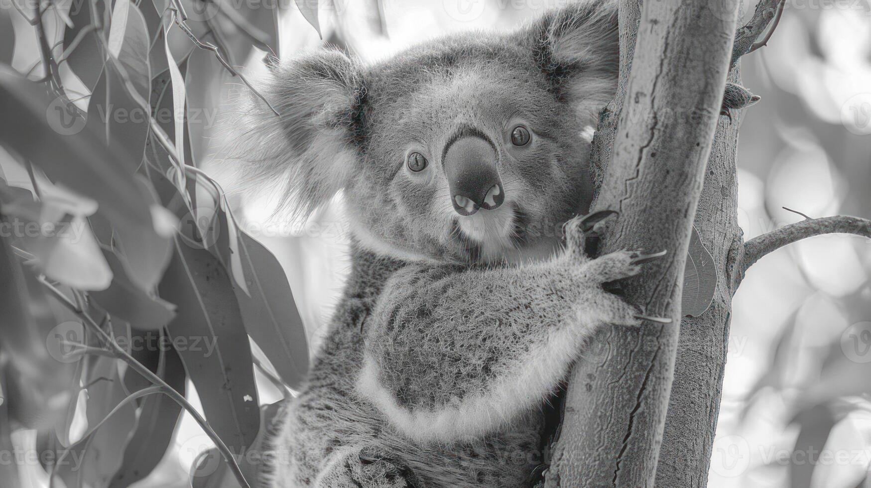 a black and white photo of a koala in a tree