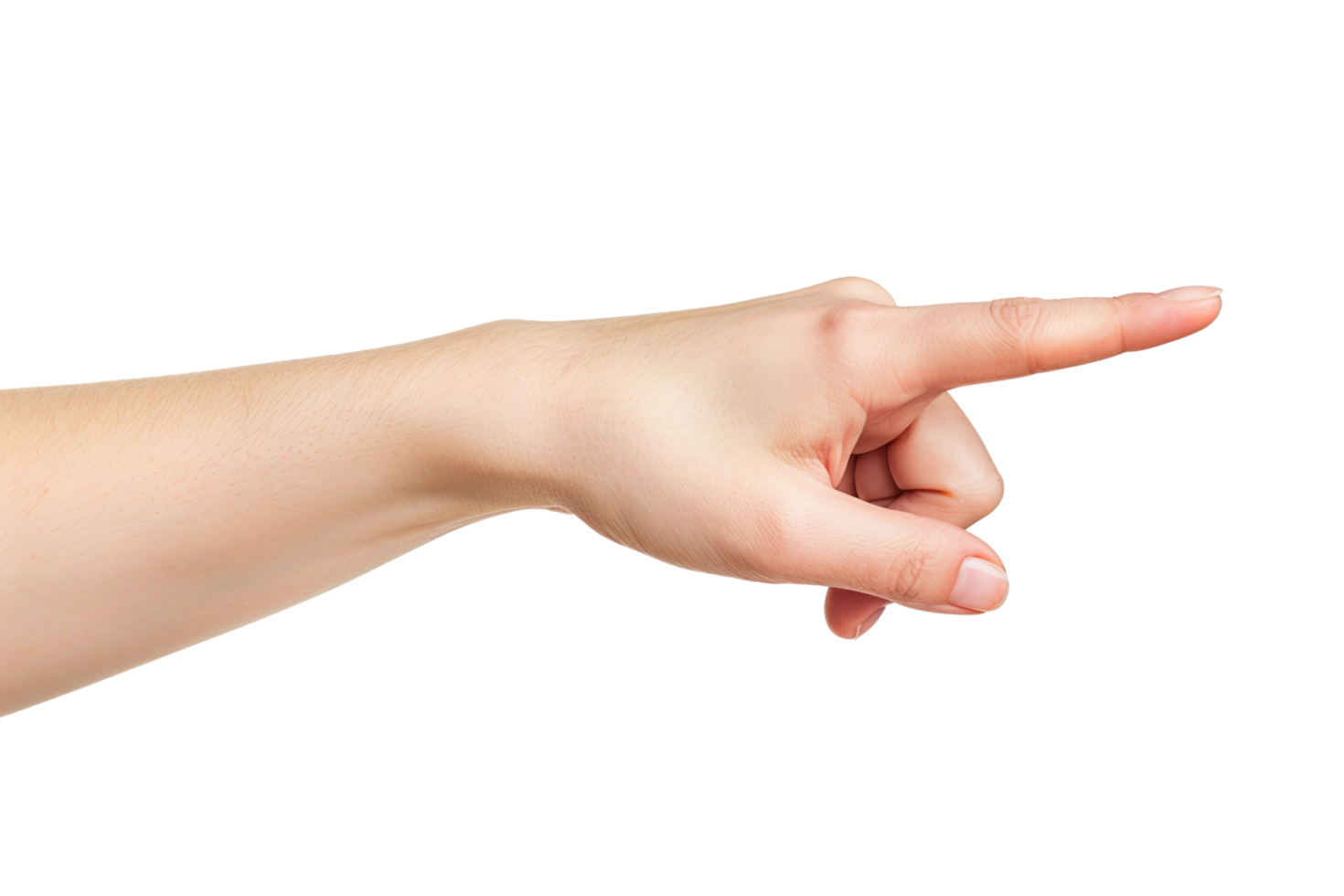 Female hand pointing right on transparent background. png