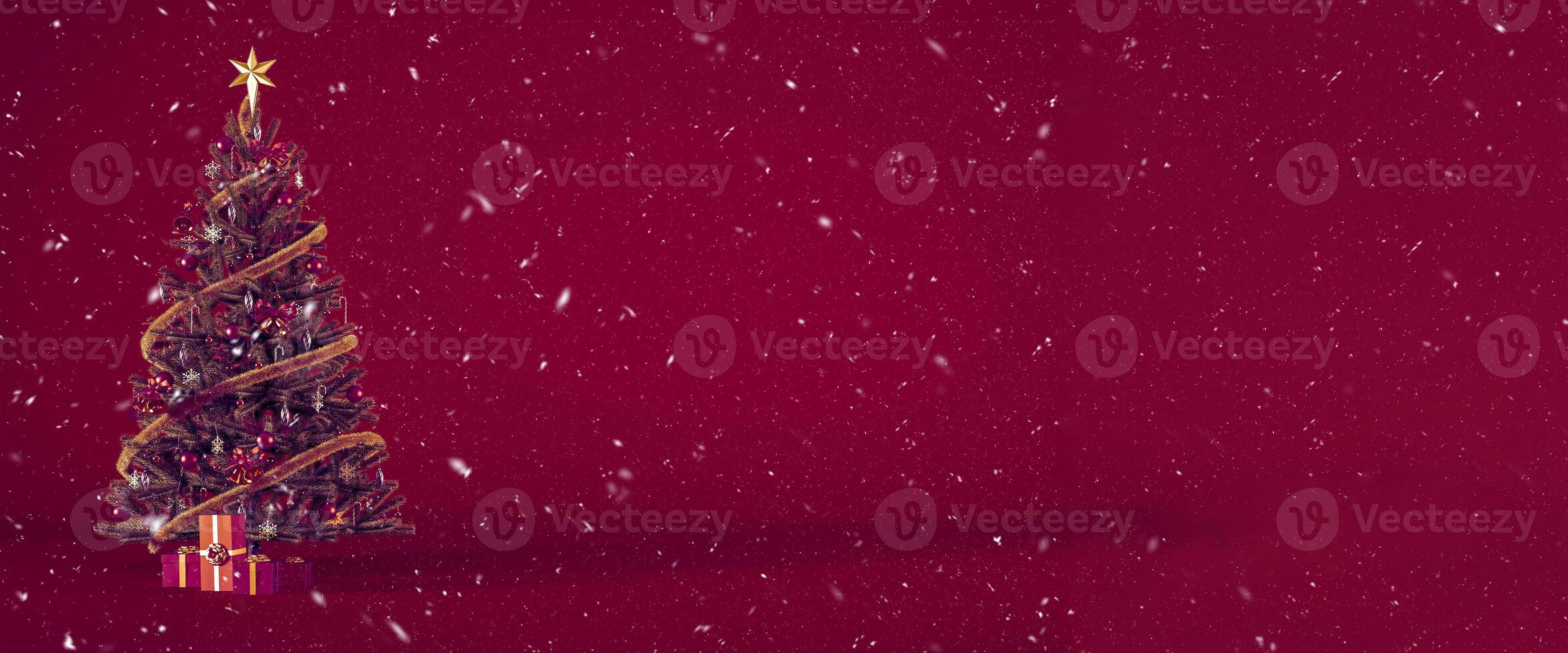 Christmas tree decorated with gift boxes and ornaments on burgundy backdrop with snowfall and copy space. Snowy Christmas background concept with presents for header or banner design 3d rendering. photo