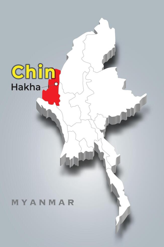 Myanmar 3d map with location of Chin vector