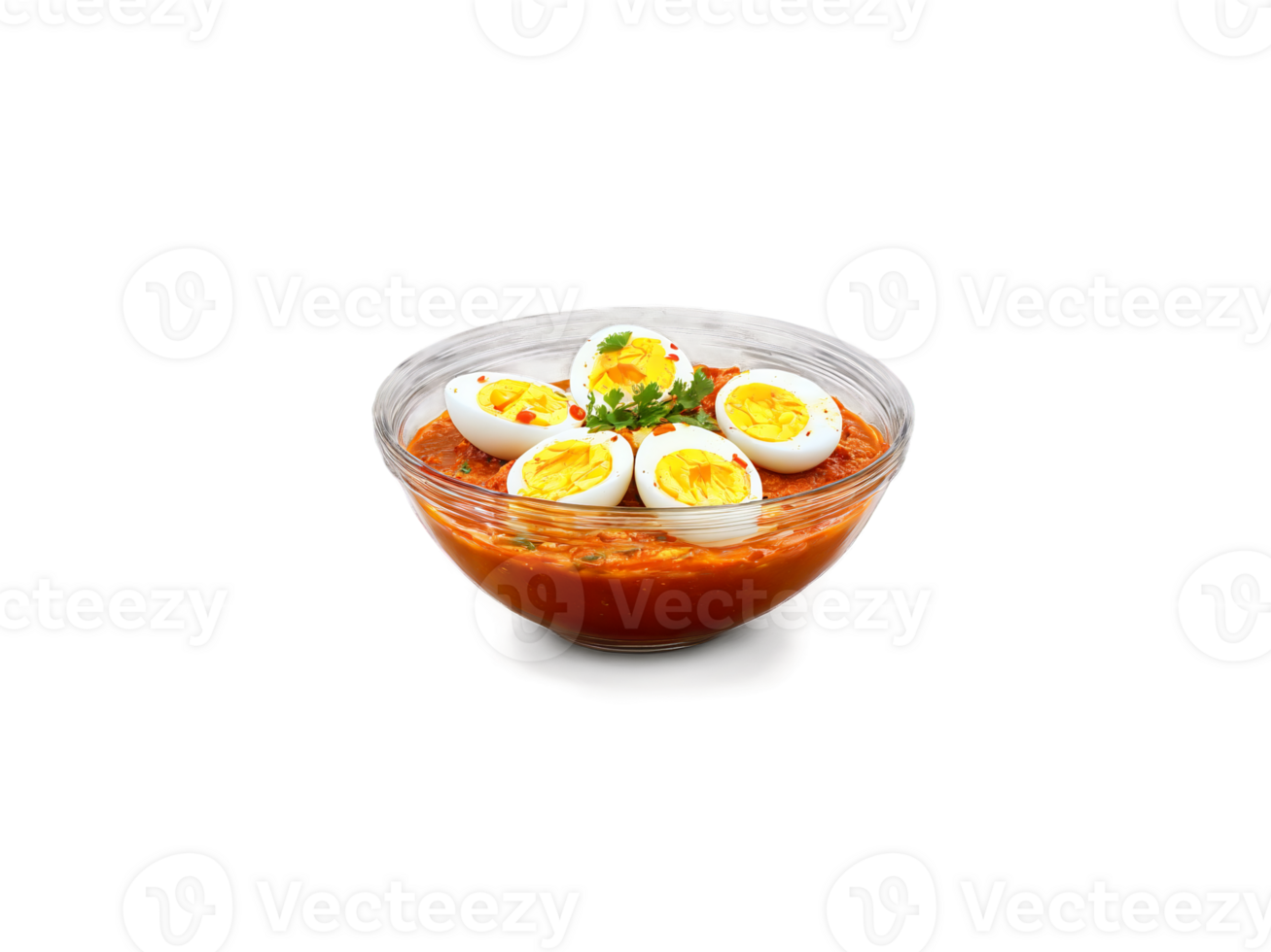 Egg Curry with hard boiled eggs in a spicy tomato gravy served in a transparent png